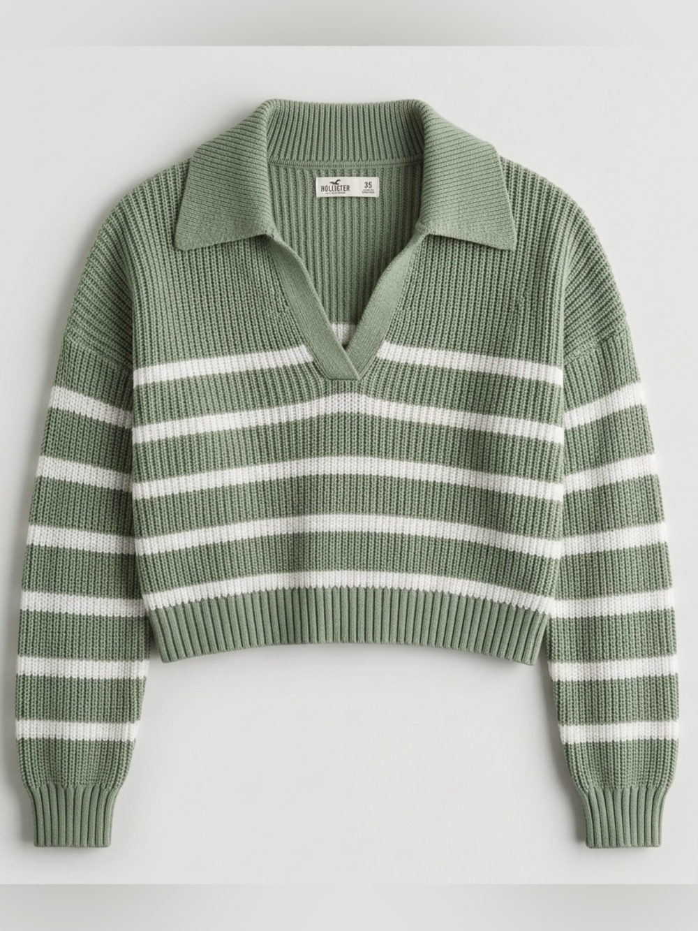 Hollister Striped V‑Neck Collared Cropped Sweater - Sage Green & White- size XS